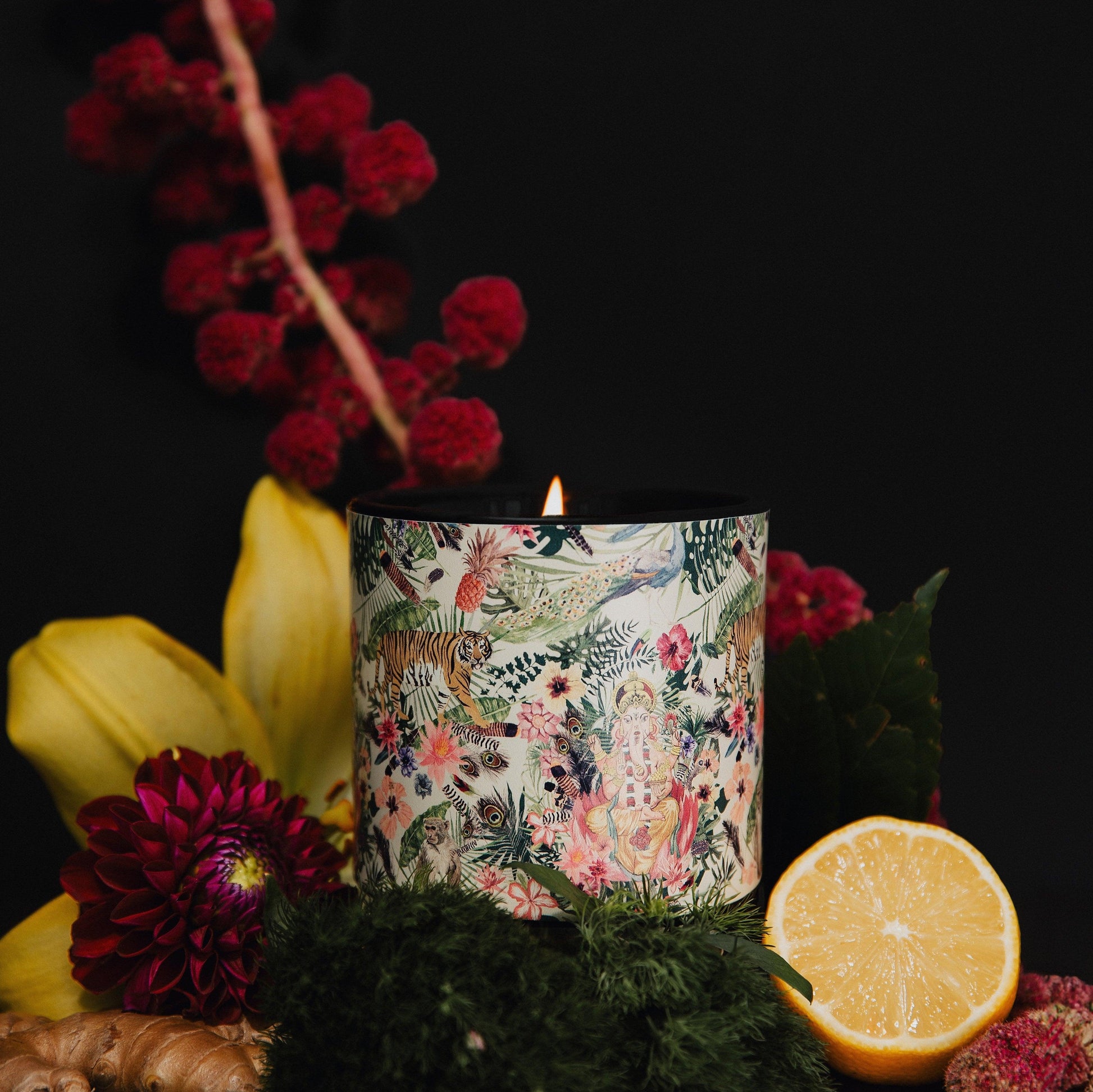 decorative candle jar, floral, animal print, home decor, scent, soy candle, citrus scented, gift